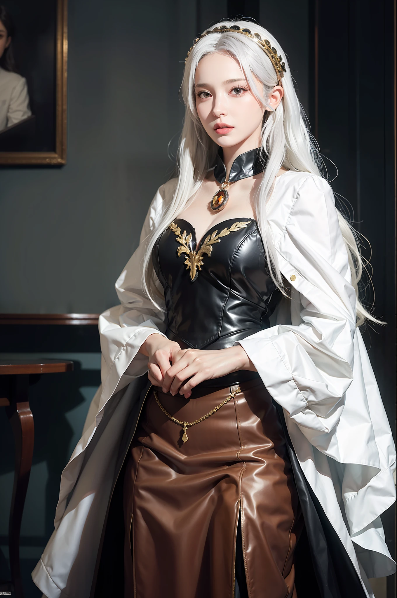 (In the Dark: 1.6), surreal female portrait by David Hockney and Alphonse Mucha, fantasy art, photorealism, dynamic lighting, artstation, poster, volumetric lighting, very detailed faces, 4k, award winning, 1girl, in the dark, deep shadow, low key, cowboy lens, (official costume: 1.4), long hair, white hair, bust, library,