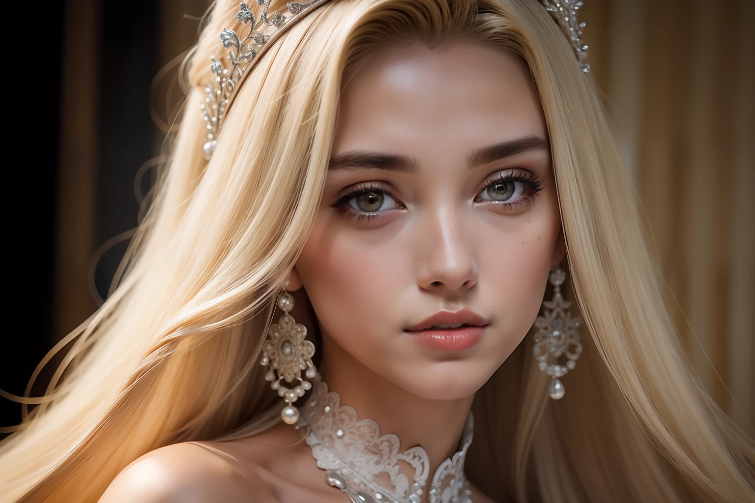 1girl, tan blonde, wearing silver white trimmed red ballgown, silver tiara, face,  silver necklace, red lips,  long wavy hair, in a crowded ballroom, warm colors, (realistic:1.3), finely detailed, quality, (masterpiece:1.2), (photorealistic:1.3), (best quality), (detailed skin:1.3), (intricate details), dramatic, ray tracing, photograph, Visual novel, seductive, Moonlight, film grain, Kodak gold 200, Depth of field 120mm