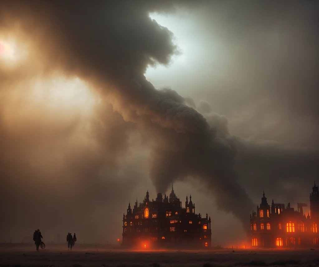 Cinematic film still, Steampunk architecture, victorian age, foggy, unreal engine, raytracing, (dust particles:1.1), vertigo, red and orange haze, sandstorm, storm clouds cloudy, mad max, resident evil, RAW photo, hyper real photo, 8k uhd, dslr, natural lighting, high quality, film grain, Fujifilm XT3, hyper-realistic, colorgraded, volumetric lighting, volumetric fog,