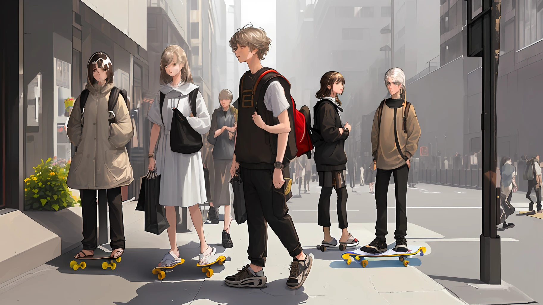 ((best quality, masterpiece)) realistic street scenery with (blurred background, depth of field), (1 or more people) dressed in modern urban clothes and holding (shopping bags) walking on the sidewalk, (light-brown hair, dark-brown hair)|(blonde hair, black hair)|((gray hair)|(white hair:0.9)) carrying a (skateboard) or wearing (backpack), (silver watch), looking relaxed and confident.