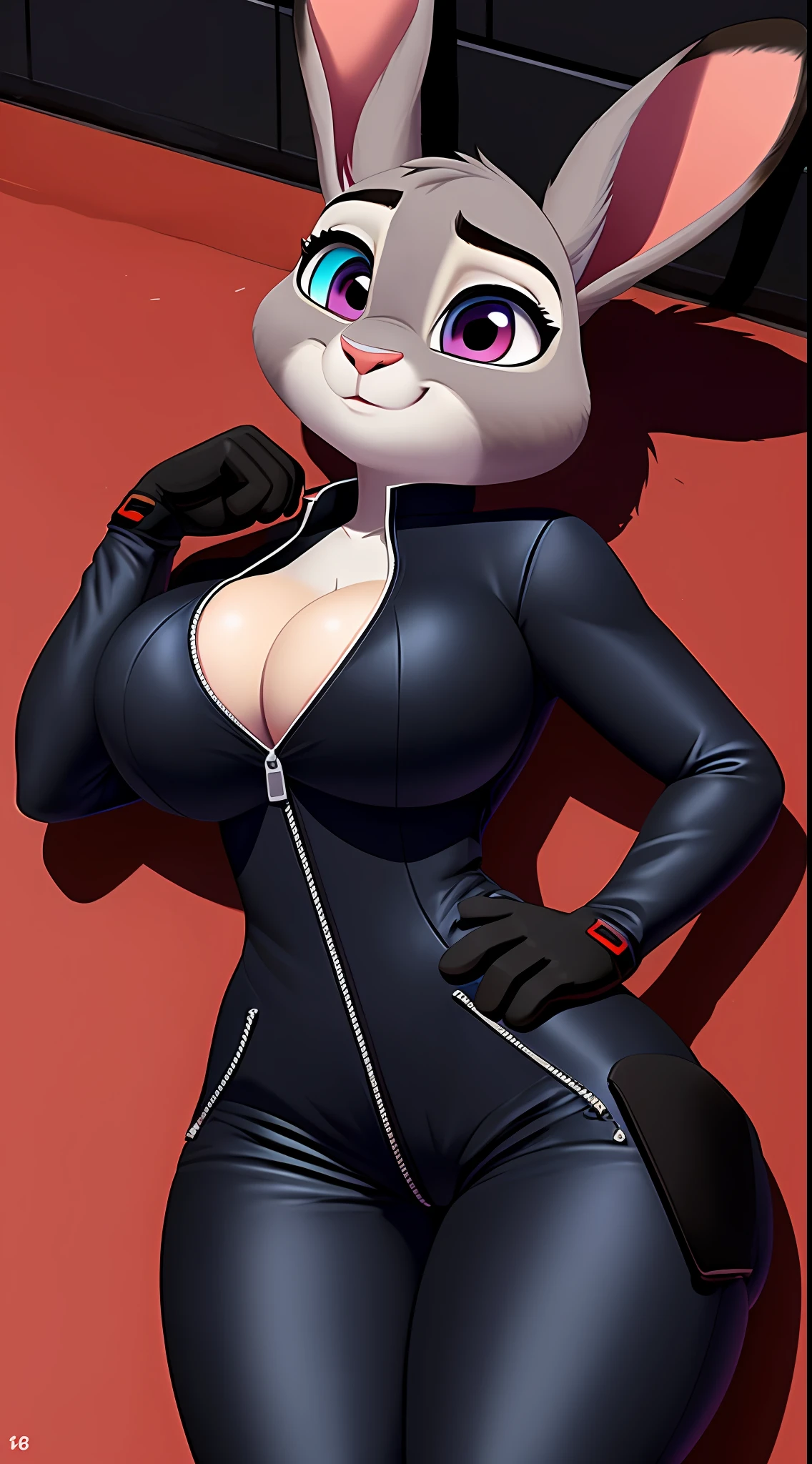 uploaded on e621, nsfw, raw photo, anthro, detailed face, detailed fur, snout, judy hopps, (black ((halfway zipped)) jumpsuit), holster, belt, night rooftop background, shadows, dark, tight bodysuit, tatical gear, ((looking away)), (serious face), big breasts, black gloves, knee high boots, thick, hide hips, thick thighs, (cleavage), nipple outline, laying down