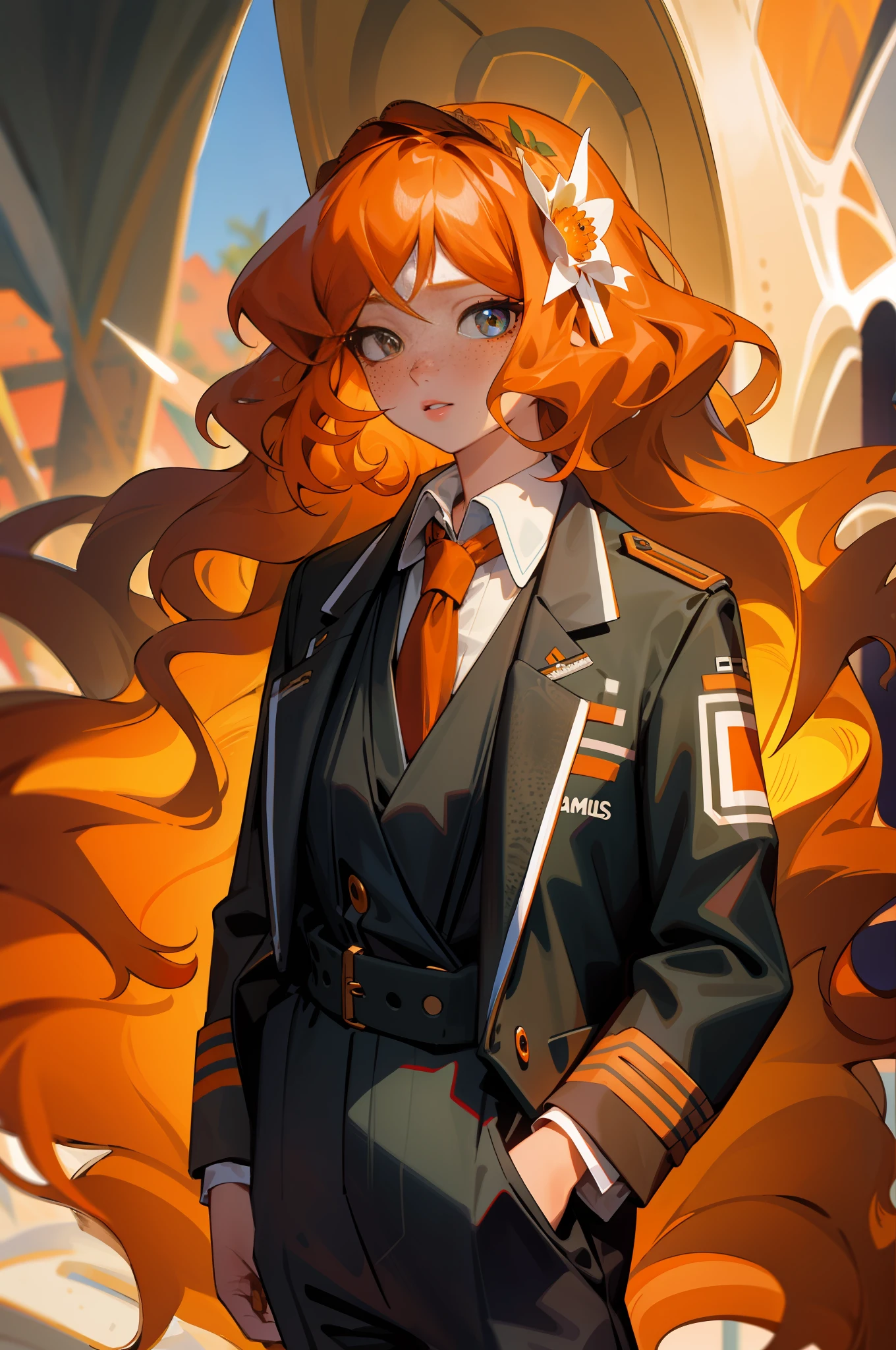 Rich details, freckles, masterpiece, best quality, 1girl, long hair, orange hair, wavy hair, ((beautiful detailed eyes)), freckles, ishmael_limbus, default_outfit
