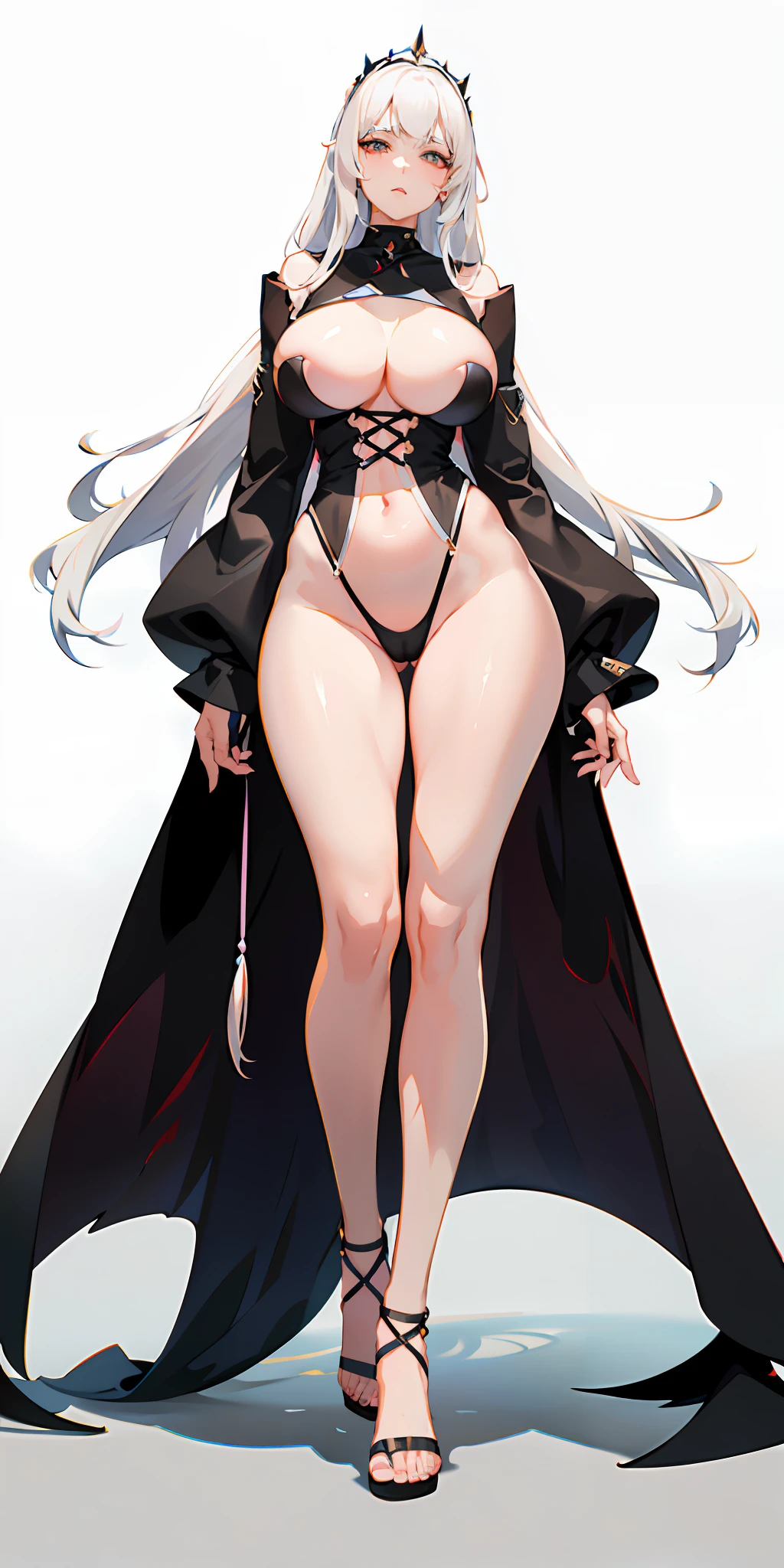 (A stunning and breathtaking) white-haired beauty, (striking in her) towering height, (with a) slender (yet) curvaceous (figure), (alluringly) accentuated (with) large thighs and (generous) breasts (covered in an) oversized (and captivating) black hoodie, (commanding the viewer's attention with) no pants, (set against a) sleek (and captivating) black background.