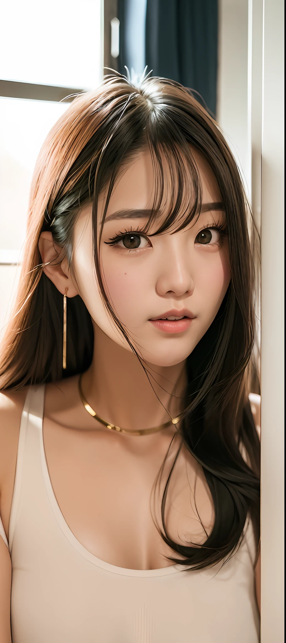 a close up of a woman with long hair wearing a tank top,  random colour tankbtop, wan adorable korean face, young adorable korean face, beautiful south korean woman, gorgeous young korean woman, beautiful young korean woman, popular south korean makeup, korean girl, young cute wan asian face, popular korean makeup, near the window