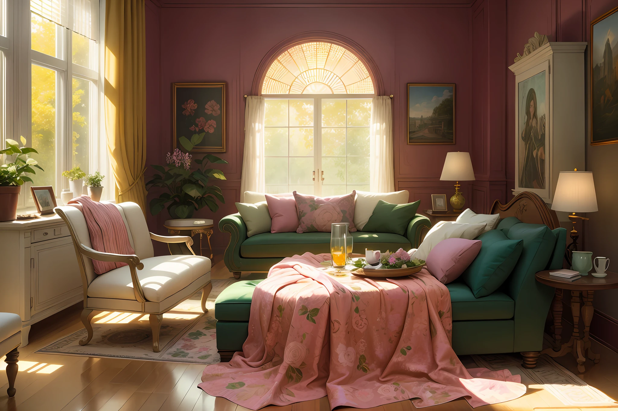 Architectural digest photo of a maximalist green solar living room with lots of flowers and plants, golden light, hyperrealistic surrealism, award winning masterpiece with incredible details, epic stunning pink surrounding and round corners, big windows