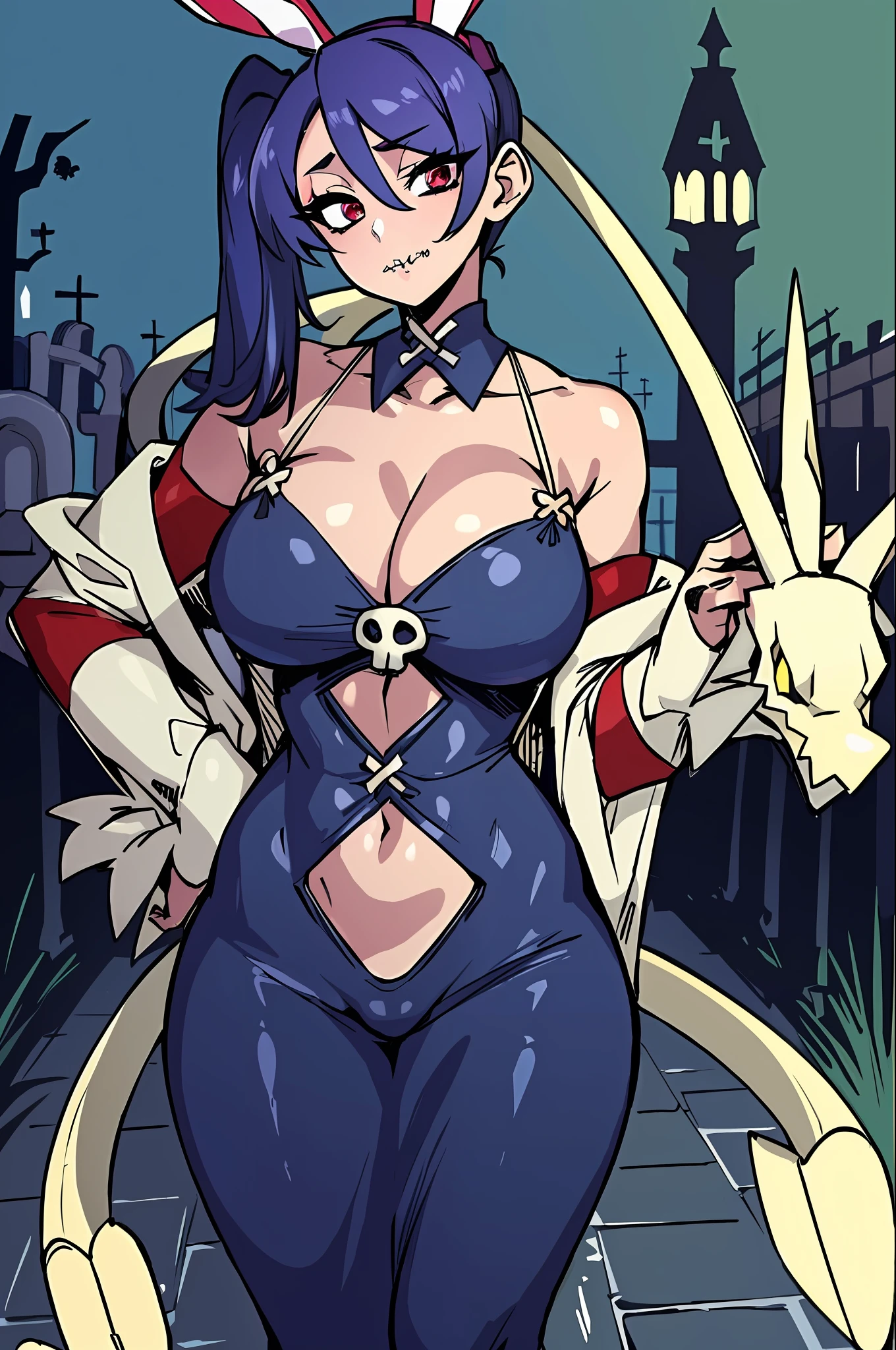 ((masterpiece, high quality, best quality: 1.3)), wavy, 1 girl, solo, medium , facing viewer, bare shoulders, parted sleeves, hair over one eye, red eyes, side ponytail, single tail horse, loose collar, skull, ((blue fur)), stitches, zombie, striped sleeves, stitched mouth, extremely detailed, highly detailed, ((backlight particles, graveyard, spooky background, at night, n, background from graveyard, detailed background: 1.5)), perfect face, beauty, perfect eyes, ((skeletal arm, vivid tails, dynamic pose, big butt, big )), baggy eyes, makeup, big eyelashes, cute, adorable, serious , ((leviathan: 1.3)), full body, natural light, moonlight, (long skirt, perspective:1.2),in lingerie, ecchi anime stanime woman fullbody art, ecchi style, anime cter; full body art, realistic - anime, ”beautiful anime woman, ecchi, anime arts, seducanime girl, beautiful anime woman, bunny suit, wearing a bunny suit, realistic bikini, pointy bunny ears, latex shiny, large hips, realistic - anime