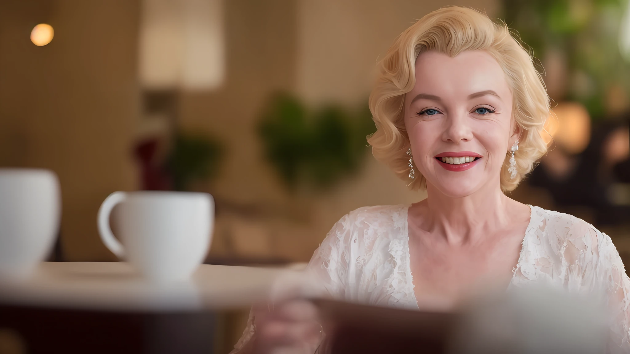 still from dramatic movie scene of young 55 year old adult woman, [marilyn monroe] a [selfie smartphone], sitting in a coffee shop, playfully smiling, ((detailed face)), beautiful eyes, (colorized), film grain, 8k ultra hd, widescreen, cinematic, hdr, dramatic lighting, blockbuster hit, one person, (close-up shot)