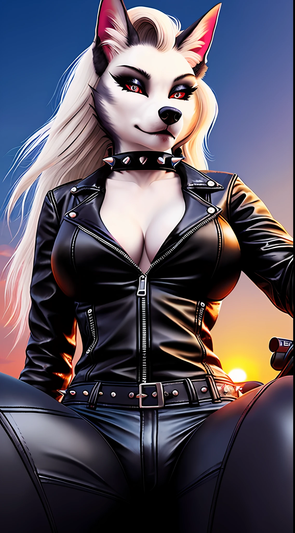 uploaded on e621, nsfw, raw photo, realistic, anthro, detailed face, detailed fur, snout, loona hellhound, helluva boss, loona, sitting on motorcycle, leaning forward, , sunset background, leather biker pants, spiked collar Choker, leather unzipped biker jacket, black makeup, detailed shadows, low angle