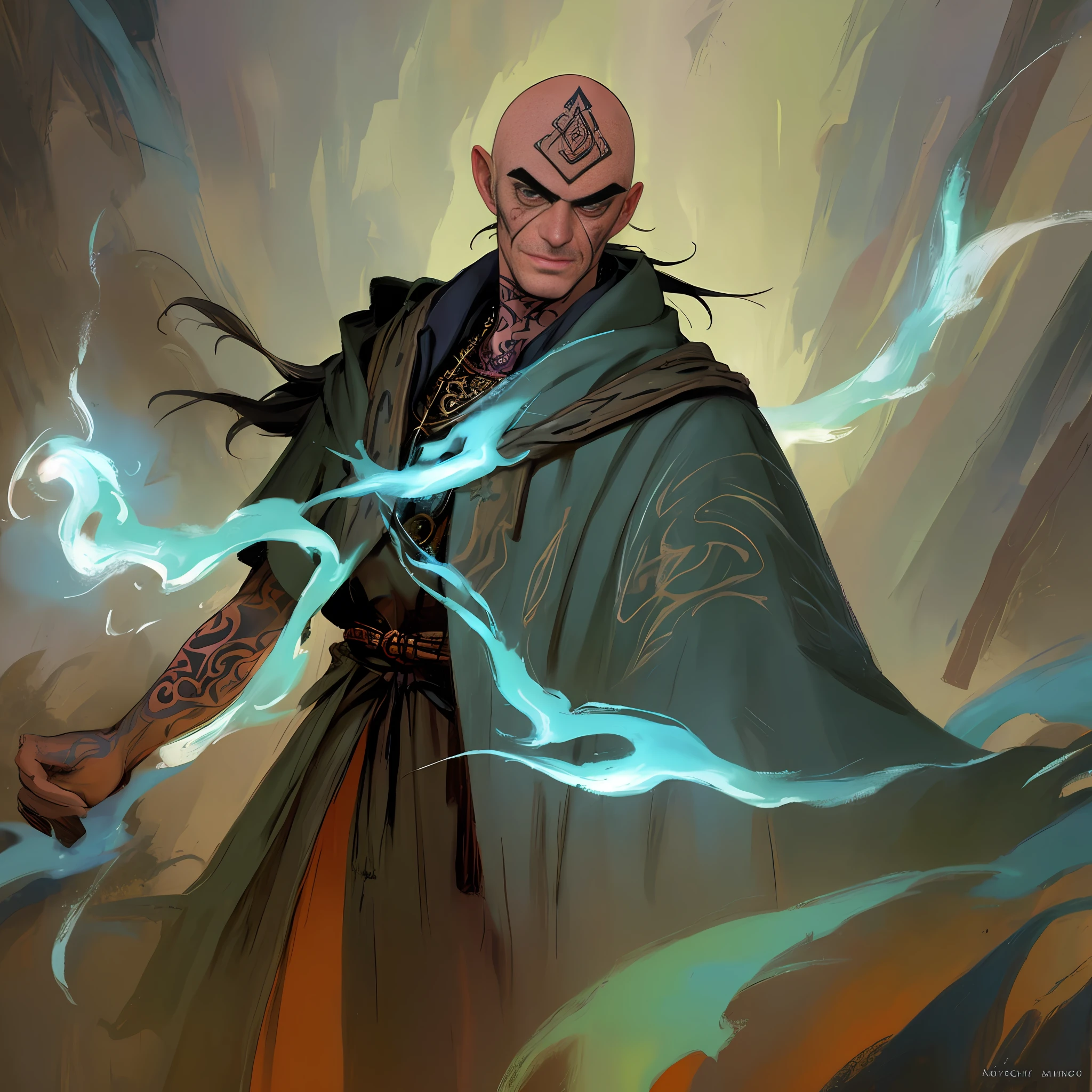 Skinny sorcerer, bald, rough facial features, wide jaw, slight unshaven, monobrow, with tattoos all over the body and face, in a cloak, dungeons and dragons, oil painting, concept art, portrait, pastel strokes, sly grin, Viking, tattoos on the face, tattoos on the body, tattooed sleeve, lightning tattoos, avatar tattoos, tornado, standing with his back to the camera, cartoon style, anime
