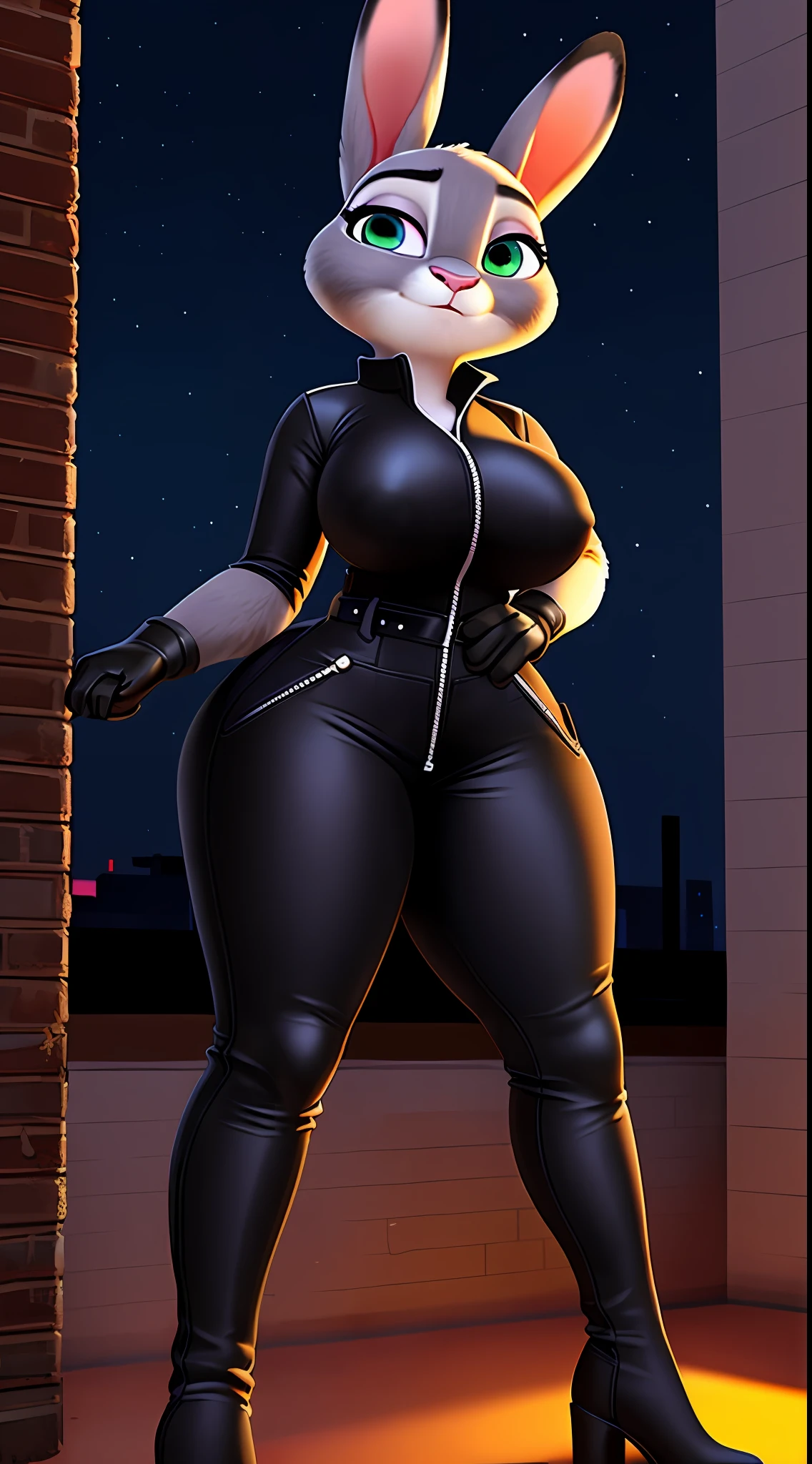 uploaded on e621, nsfw, raw photo, anthro, detailed face, detailed fur, snout, judy hopps, (black ((halfway zipped)) jumpsuit), holster, belt, night rooftop background, shadows, dark, tight bodysuit, tatical gear, ((looking away)), (serious face), big breasts, black gloves, knee high boots, thick, hide hips, thick thighs, (cleavage), nipple outline, one leg up