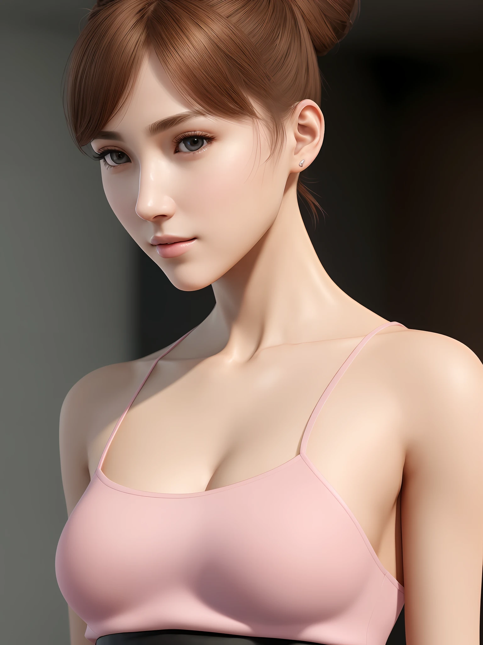 (RAW Image, Best Quality), (Realistic, Photorealistic:1.3), Best Quality, Masterpiece, Very Delicate and Beautiful, Very Detailed, CG, Unity, 2k Wallpaper, Amazing. , exquisite detail, masterpiece, light smile, best quality, very detailed 8k harmony CG wallpaper, large file size, high detail, tall, very detailed, 1 girl, slim body. thin, small bust, (black leotard top:0.7), (pink skirt:1.2), (hair bun), ( brown hair), looking, sharp focus, close-up face, nsfw,pureerosface_v1 :0.8 short hair,