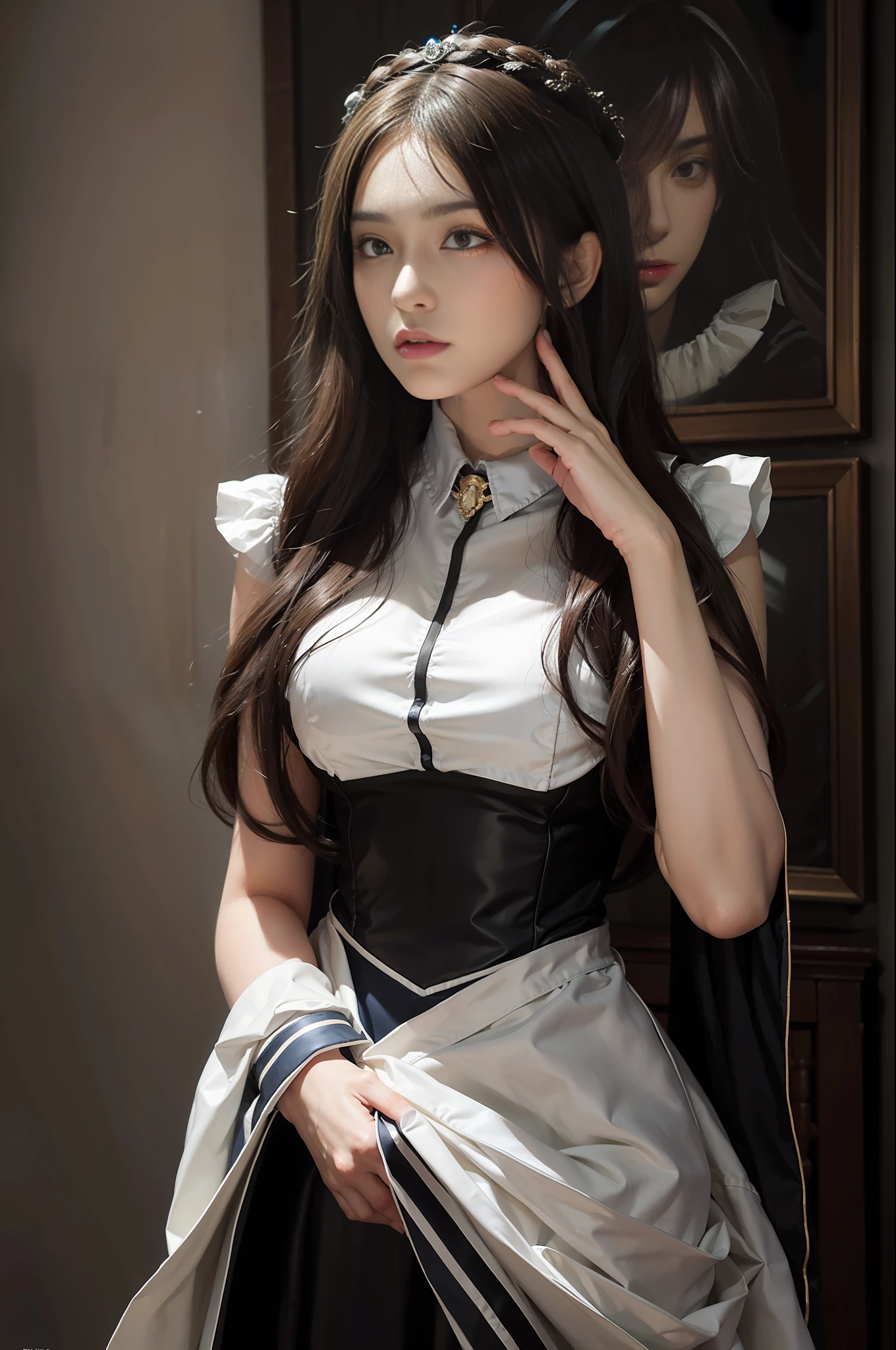 (In the Dark: 1.6), surreal female portrait by David Hockney and Alphonse Mucha, fantasy art, photorealism, dynamic lighting, artstation, poster, volumetric lighting, very detailed faces, 4k, Awarded,, 1girl, in the dark, deep shadow, low key, cowboy lens, (maid outfit: 1.4), long hair, white hair, bust, palace,