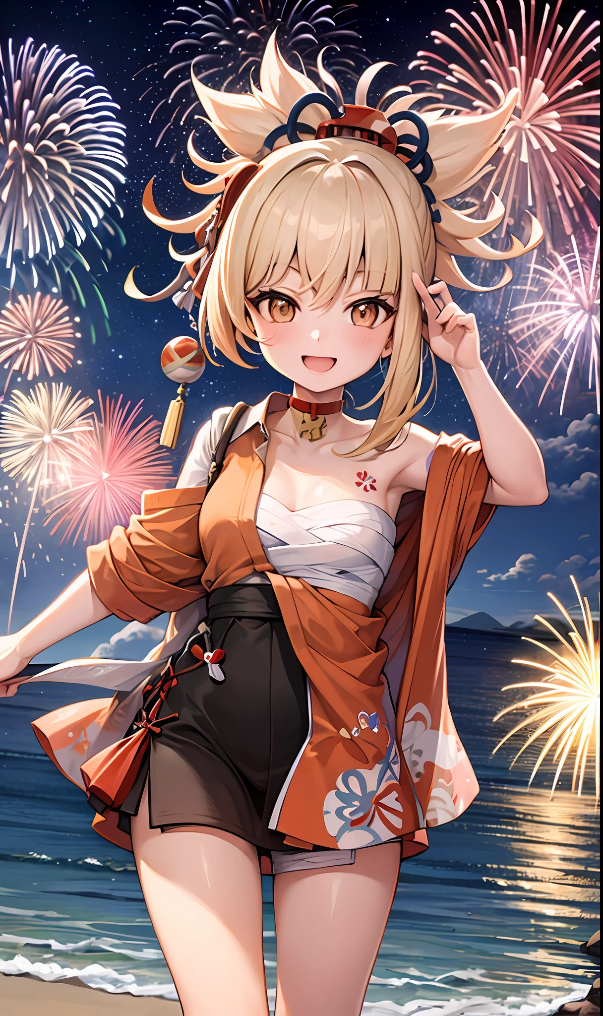 A 5-year-old girl with distinct hair roots sets off fireworks by the sea at night