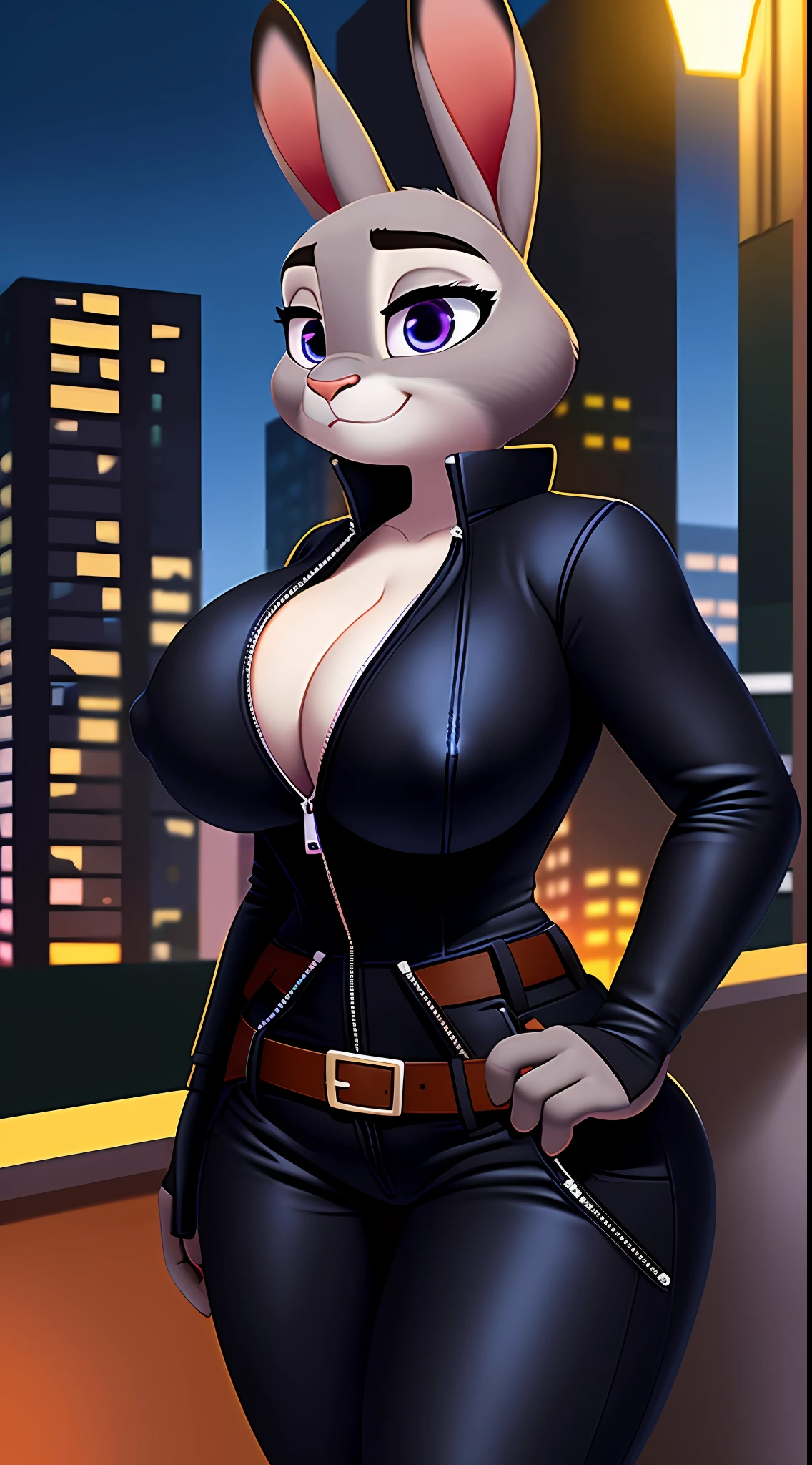 uploaded on e621, nsfw, raw photo, anthro, detailed face, detailed fur, snout, judy hopps, (black ((halfway zipped)) jumpsuit), holster, belt, night rooftop background, shadows, dark, tight bodysuit, tatical gear, ((looking away)), (serious face), big breasts, black gloves, knee high boots, thick, hide hips, thick thighs, (cleavage), nipple outline, pose, posing, ((hyper nipple)), erect nipple