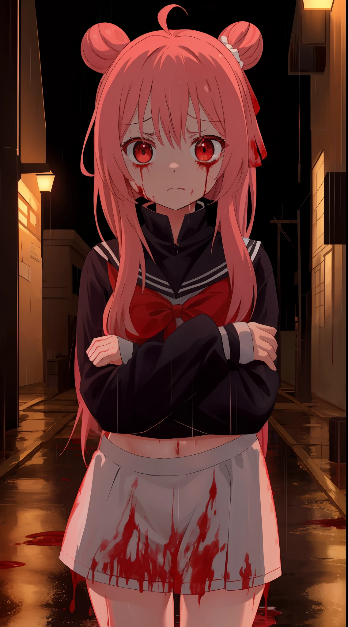 masterpiece, best quality, looking at viewer, facing viewer, bare legs, 1girl, solo, upper body, bow, serafuku, disgusted face, night time, heavy rain, outdoors, city, crop top, navel, wet clothes, drenched, overly long sleeves, hands in sleeves, blood tears, blood marks, dark alleyway, blood splattered on the ground, red bright light, glowing eyes, depth of field