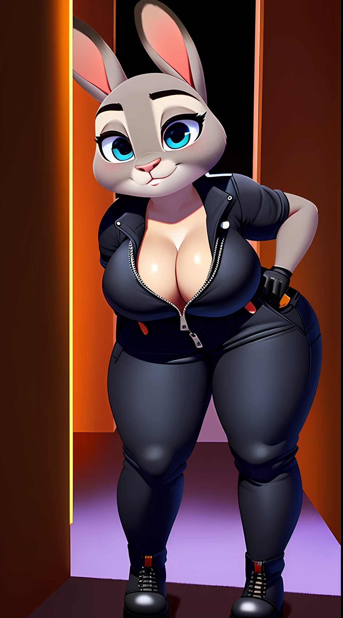 uploaded on e621, nsfw, raw photo, anthro, detailed face, detailed fur, snout, judy hopps, (black ((halfway zipped)) jumpsuit), holster, belt, night rooftop background, shadows, dark, tight bodysuit, tatical gear, looking at viewer, (serious face), big breasts, black gloves, knee high boots, thick, hide hips, thick thighs, (cleavage), nipple outline, leaning forward, seduced, showing off assets, showing off breast, short stack