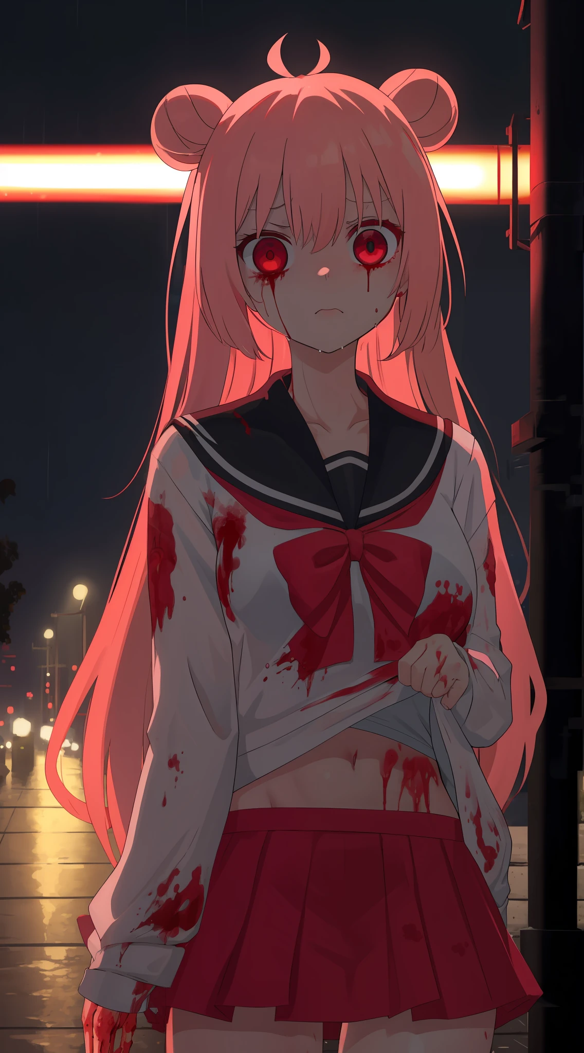 masterpiece, best quality, looking at viewer, facing viewer, bare legs, 1girl, solo, upper body, bow, serafuku, disgusted face, night time, heavy rain, outdoors, city, crop top, navel, wet clothes, drenched, overly long sleeves, hands in sleeves, blood tears, blood marks, dark alleyway, blood splattered on the ground, red bright light, glowing eyes, depth of field