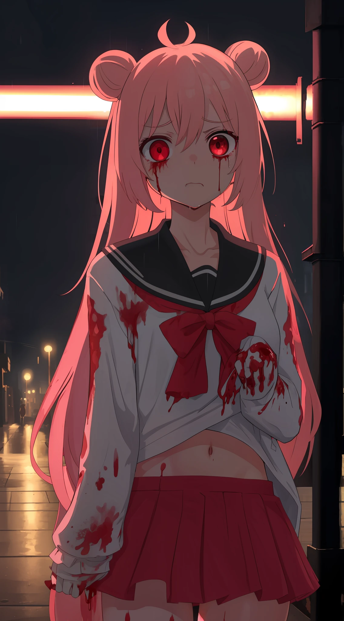 masterpiece, best quality, looking at viewer, facing viewer, bare legs, 1girl, solo, upper body, bow, serafuku, disgusted face, night time, heavy rain, outdoors, city, crop top, navel, wet clothes, drenched, overly long sleeves, hands in sleeves, blood tears, blood marks, dark alleyway, blood splattered on the ground, red bright light, glowing eyes, depth of field