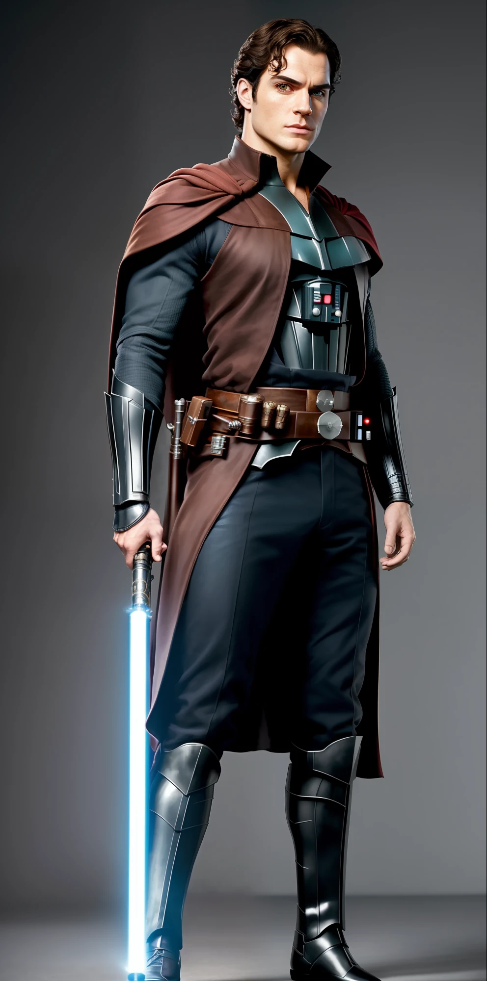 High-quality, highly detailed, masterpiece, Henry Cavill, gorgeous, lightsaber, 1boy, solo, (((full body image))), steady feet, FH, ikemen, (detailed face and eyes: 1.3)