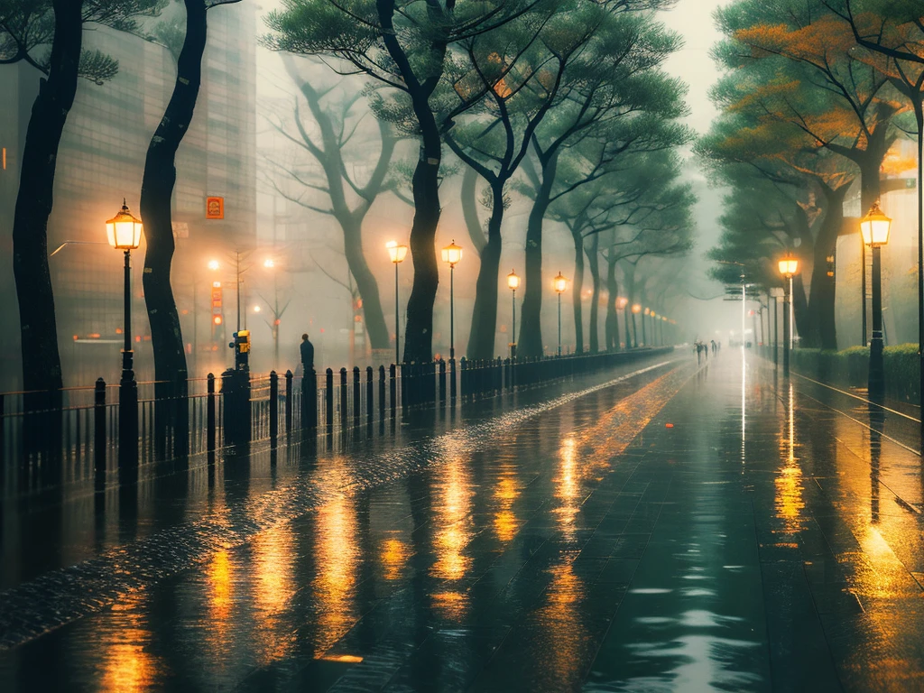 One day in heavy rain in Osaka, Japan, high detail of natural scenery, surreal, , detailed, complex, elegant, bright, high detail, digital painting, art station, concept art. , smooth, sharp focus, illustration