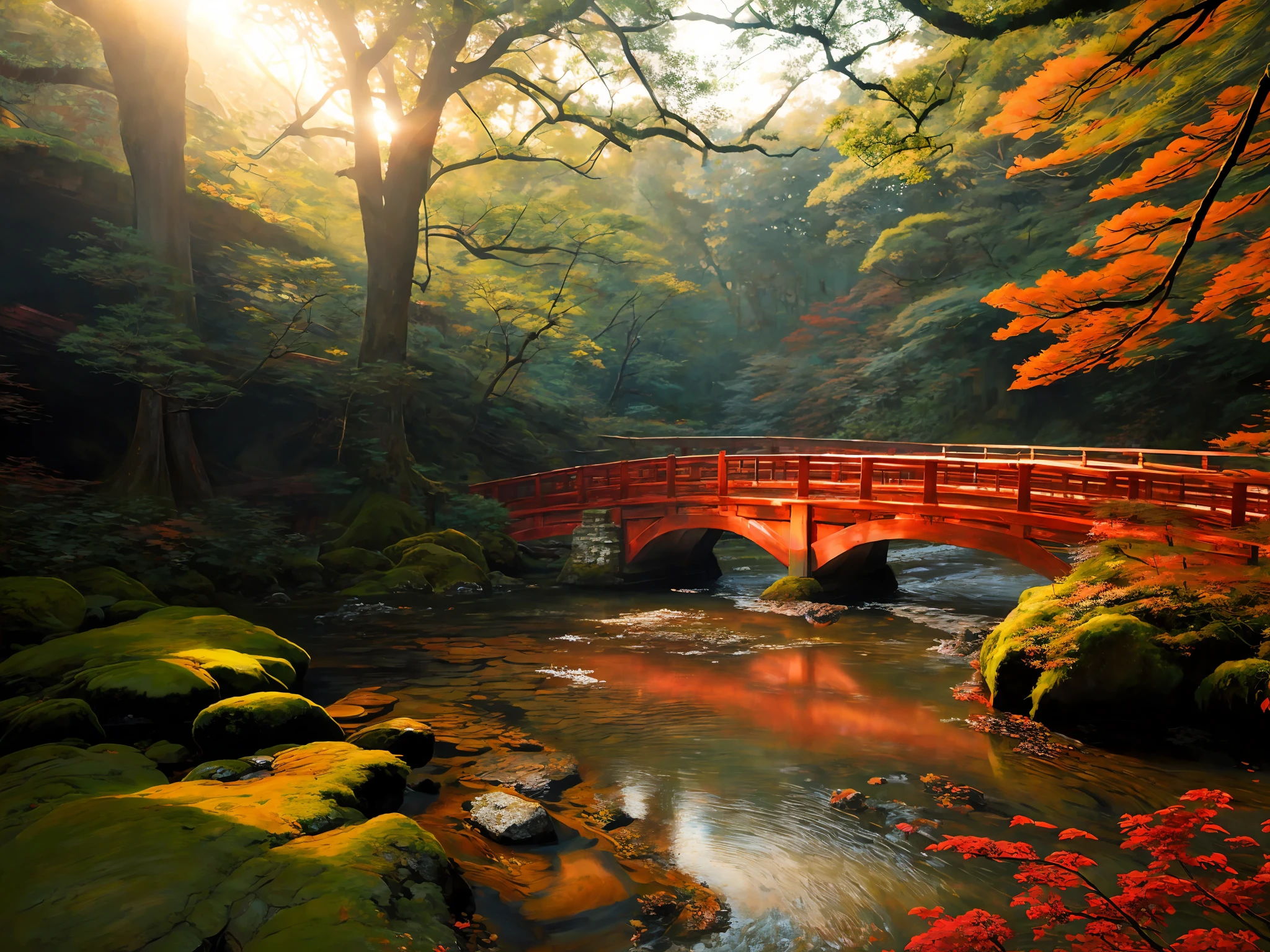 red bridge, creek, ruined, forest, sunset light, japan landscape, high detail of natural scenery, surreal, , detail, complex, elegant, bright, high detail, digital painting, art station, concept art, smooth, sharp focus, illustration