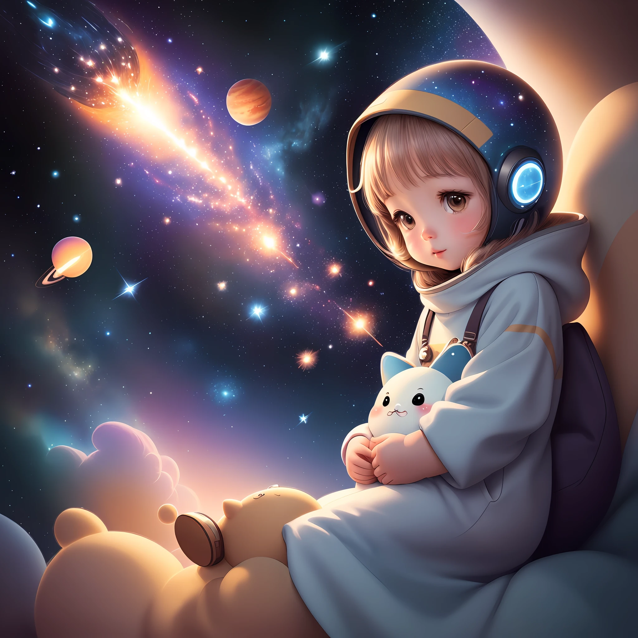 galaxies, rocket, planets, stars, cute illustration, cute art, cute characters, cute digital art, illustrated in whimsical style, children&#39;s illustration, cute features, illustration, cozy calm, cute detailed digital art