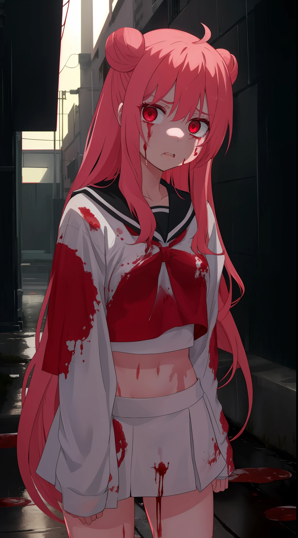 masterpiece, best quality, looking at viewer, facing viewer, bare legs, 1girl, solo, upper body, bow, serafuku, disgusted face, night time, heavy rain, outdoors, city, crop top, navel, wet clothes, drenched, overly long sleeves, hands in sleeves, blood tears, blood marks, dark alleyway, blood splattered on the ground, red bright light, glowing eyes, depth of field