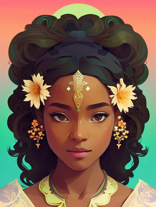A detailed illustration of pretty Black teenage girl🥺😊,long green hair with flowers in hair, ponytail, brown skin, wearing a brown ethereal outfit, goddess style, plant powers, style cartoon, colors, two-dimensional, planar vector, character design,gold details, Studio Ghibli style, soft tetrad color, vector art, fantasy art, watercolor effect, Alphonse Mucha, Adobe Illustrator, digital painting, low polygon, soft lighting, aerial view, isometric style, retro aesthetics, focusing on people, 8K resolution, octane render