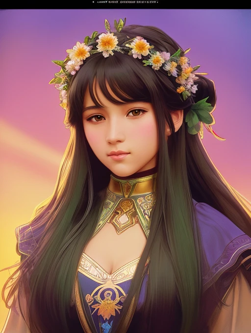 A detailed illustration of pretty Black teenage girl🥺😊,long green hair with flowers in hair, ponytail, brown skin, wearing a brown ethereal outfit, goddess style, plant powers, style cartoon, colors, two-dimensional, planar vector, character design,gold details, Studio Ghibli style, soft tetrad color, vector art, fantasy art, watercolor effect, Alphonse Mucha, Adobe Illustrator, digital painting, low polygon, soft lighting, aerial view, isometric style, retro aesthetics, focusing on people, 8K resolution, octane render