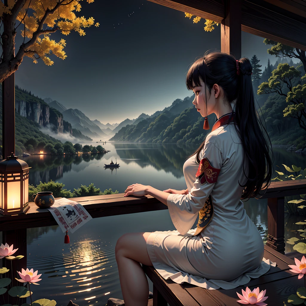 chinese martial arts style, large area sky, ink style, extra long shot, outline light, atmospheric atmosphere, depth of field, mist rising, lake water, lotus flowers and leaves, girl sat by the cliff playing the piano, birds, pine trees, night view,(no color)