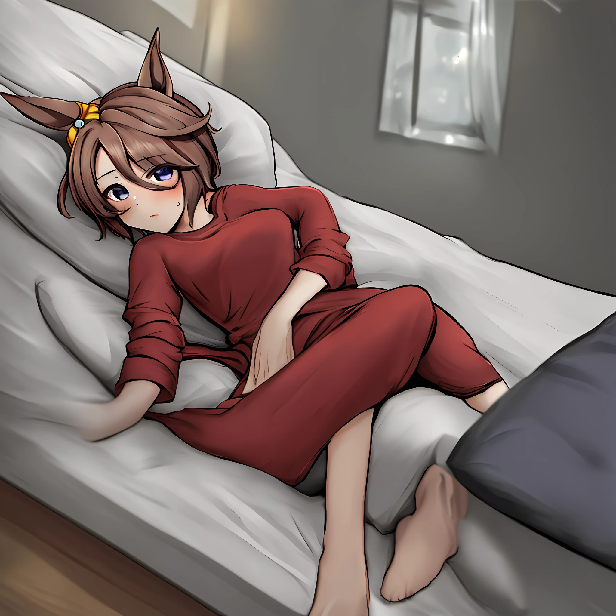 masterpiece, top quality, ultra-definition, fanart, Narita Taishin, loungewear, one girl, solo, on bed, waking up