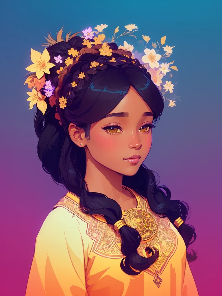 A detailed illustration of pretty Black teenage girl🥺😊,long green hair with flowers in hair, ponytail, brown skin, wearing a brown ethereal outfit, goddess style, plant powers, style cartoon, colors, two-dimensional, planar vector, character design,gold details, Studio Ghibli style, soft tetrad color, vector art, fantasy art, watercolor effect, Alphonse Mucha, Adobe Illustrator, digital painting, low polygon, soft lighting, aerial view, isometric style, retro aesthetics, focusing on people, 8K resolution, octane render