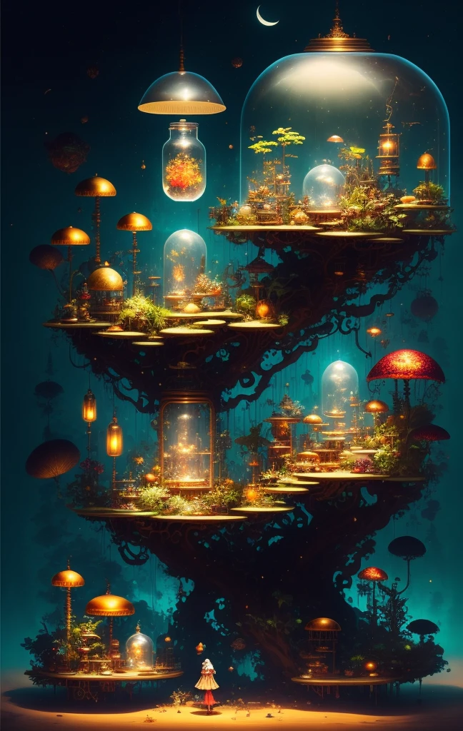 3/4 small steampunk jungle world with a fairy sitting on a toadstool in a jar model made of Hiroaki Takahashi art ultra perfect composition 3d liquid detailing fluid acrylic by greg tocchini james gilleard joe fenton kaethe butcher Bosch Dan Mumford Sam Yang Seb McKinnon Peter Chung hideyuki morioka ito ogure vofan greg rutkowski victo ngai, Kandinsky art style