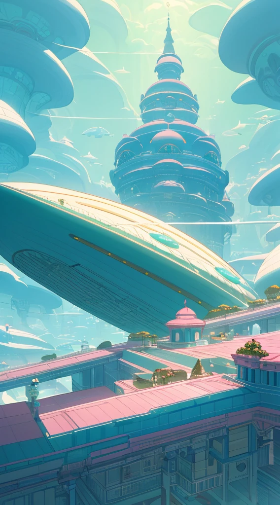 A whimsical and outlandish image of a future world, captured in Wes Anderson's signature style with high saturation colors. The world is populated by fantastical and unusual architecture, with towering spires and bulbous domes painted in bright pinks, greens, and blues. The buildings are designed in a symmetrical layout that creates a sense of order and balance in the bustling metropolis.
The sky is filled with airships and flying cars, moving in a sublime, labyrinthine pattern that defies the imagination. AI-driven robots in sleek white hover around, delivering parcels, while giant, luminescent sea creatures made of plastic float slowly through the sky, mimicking an underwater landscape.
The colors in this utopia are rich and bold, with soft pink and blue contrasting against vivid greens and yellows. The building and the air corridors are painted in vivid and bold hues with lollipop stripes, adding an element of drama and whimsy to the image.
Overall, the image