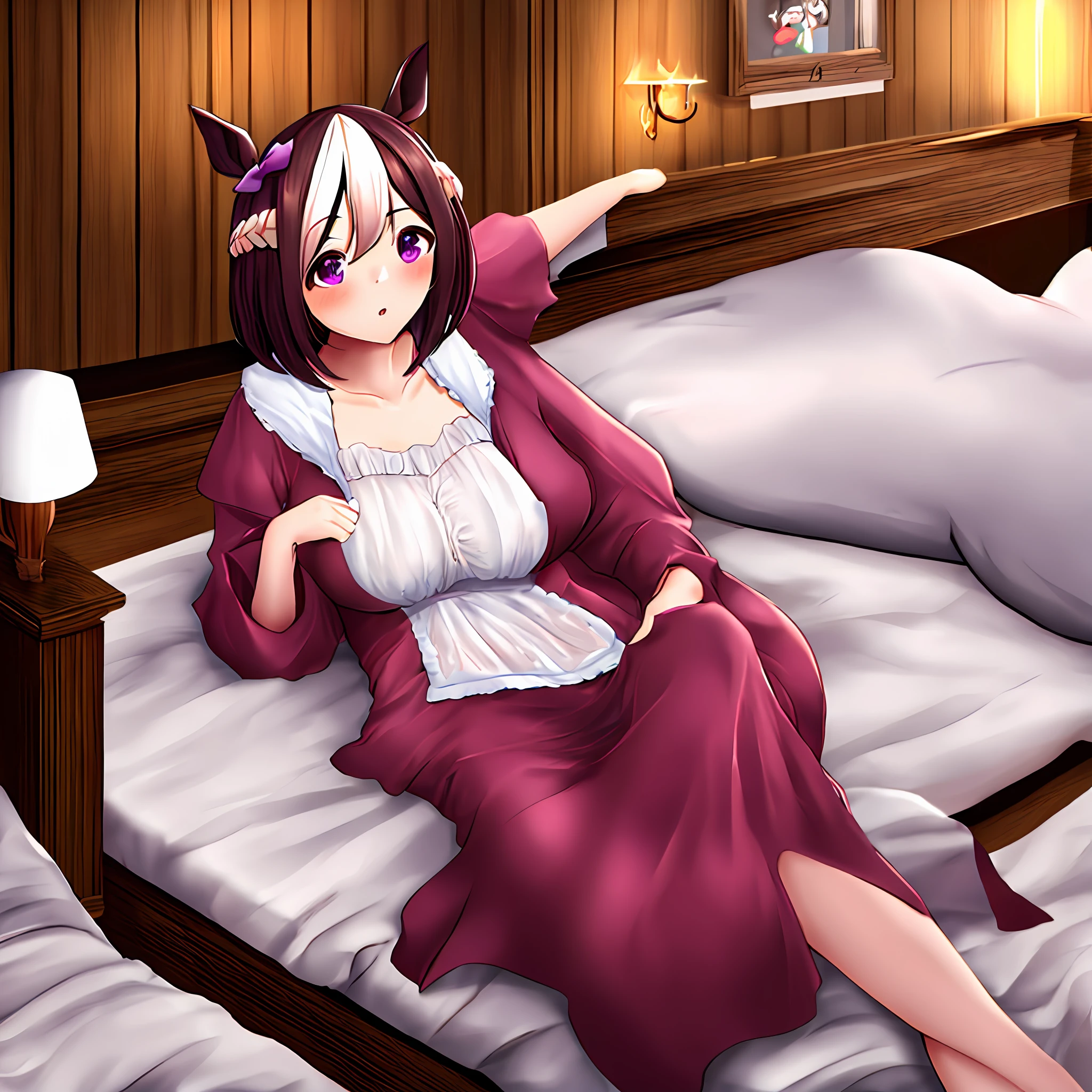 masterpiece, top quality, ultra-definition, fanart, special week, loungewear, one girl, solo, on bed, waking up