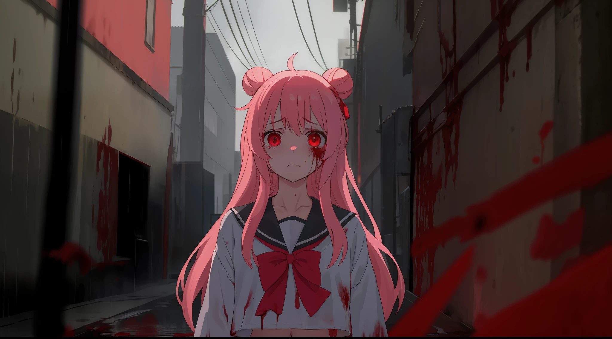 masterpiece, best quality, looking at viewer, facing viewer, bare legs, 1girl, solo, upper body, bow, serafuku, disgusted face, night time, heavy rain, outdoors, city, crop top, navel, wet clothes, drenched, overly long sleeves, hands in sleeves, blood tears, blood marks, dark alleyway, blood splattered on the ground, red bright light, glowing eyes, depth of field