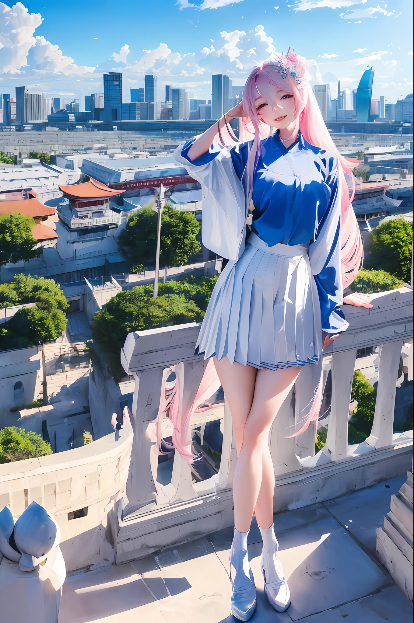 official art, masterpiece, sharp focus, (beautiful gorgeous cute Korean woman:1.3), (beautiful cute korean:1.3), korean beauty, Delicate and beautiful hair and eyes and face, realistic, ultra detailed, beautiful girl, blue sky, glow white particle, (sidelighting:1.2), sun light, white cloud, detailed clouds, slender, Lovely very large breasts and very large hips, smile with teeth, ((smile with eyes, open both eyes)), scenery, long straight hair, sexy facial expression, building, (cityscape:1.7), dynamic hair, long straight hair, detailed platinum pink hair, glow blue eyes, (blue pleated shirts + white skirt), white long socks, pale skin, hair ornament, epic scenery,