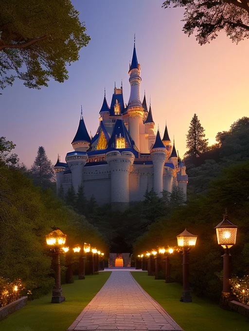 A high resolution rendering of a majestic castle, surrounded by a dense forest of ancient trees. sunset, lanterns, long pathway with lanterns. A vampire flying in the distant sky