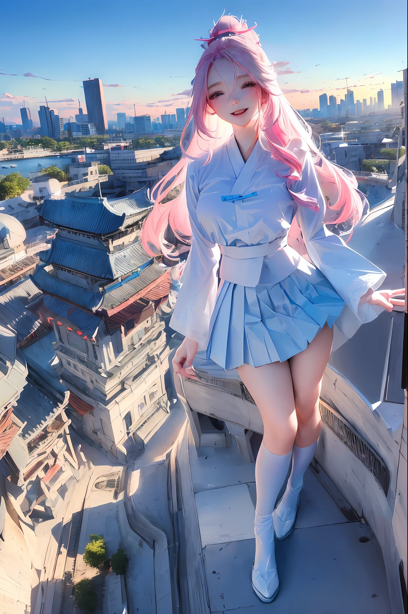 official art, masterpiece, sharp focus, (beautiful gorgeous cute Korean woman:1.3), (beautiful cute korean:1.3), korean beauty, Delicate and beautiful hair and eyes and face, realistic, ultra detailed, beautiful girl, blue sky, glow white particle, (sidelighting:1.2), sun light, white cloud, detailed clouds, slender, Lovely very large breasts and very large hips, smile with teeth, ((smile with eyes, open both eyes)), scenery, long straight hair, sexy facial expression, building, (cityscape:1.7), dynamic hair, long straight hair, detailed platinum pink hair, glow blue eyes, (blue pleated shirts + white skirt), white long socks, pale skin, hair ornament, epic scenery,