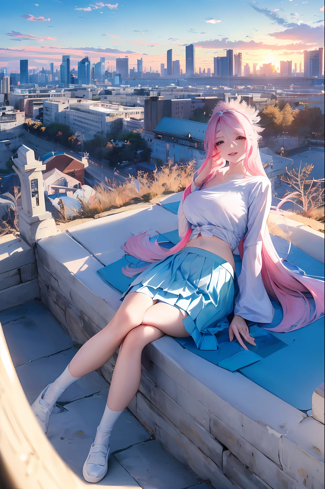official art, masterpiece, sharp focus, (beautiful gorgeous cute Korean woman:1.3), (beautiful cute korean:1.3), korean beauty, Delicate and beautiful hair and eyes and face, realistic, ultra detailed, beautiful girl, blue sky, glow white particle, (sidelighting:1.2), sun light, white cloud, detailed clouds, slender, Lovely very large breasts and very large hips, smile with teeth, ((smile with eyes, open both eyes)), scenery, long straight hair, sexy facial expression, building, (cityscape:1.7), dynamic hair, long straight hair, detailed platinum pink hair, glow blue eyes, (blue pleated shirts + white skirt), white long socks, pale skin, hair ornament, epic scenery,
