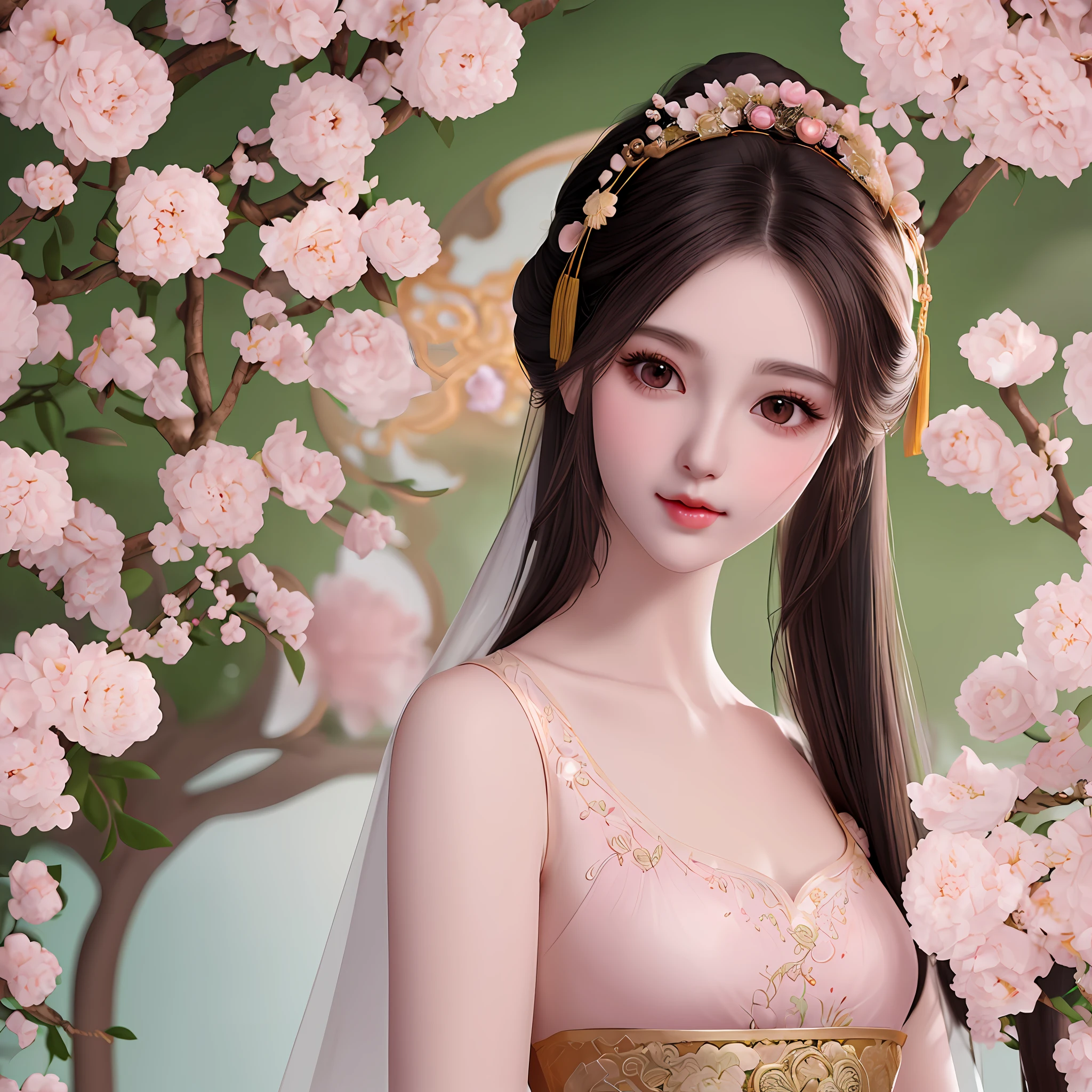 Ultra-detailed, delicate skin, gentle and beautiful woman, half-length photo, exquisite and sexy collarbone, charming oval face, double eyelids, smart peach blossom eyes, pink lips, small nose, bare shoulders, focus on the face, face Close-up of the body, ultra-high-definition, super details, elegant standing posture, super gorgeous ancient Chinese style dress