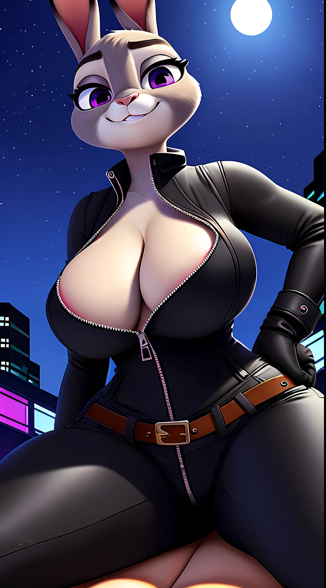uploaded on e621, nsfw, raw photo, anthro, detailed face, detailed fur, snout, judy hopps, (black ((halfway zipped)) jumpsuit), holster, belt, night rooftop background, shadows, dark, tight bodysuit, tatical gear, looking at viewer, big breasts, black gloves, knee high boots, thick, hide hips, thick thighs, (cleavage), nipple outline, (smirking),  seduced, low angle, (on top of you), on you, ((on top)), dom, (((female on top)))