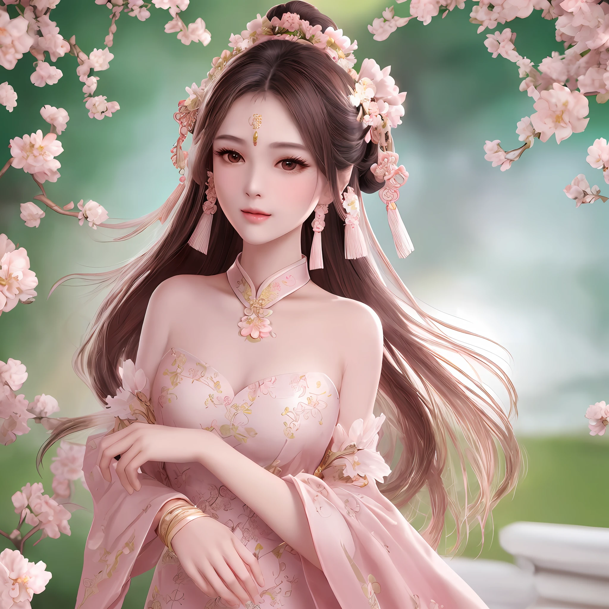 Ultra-detailed, delicate skin, gentle and beautiful woman, half-length photo, exquisite and sexy collarbone, charming oval face, double eyelids, smart peach blossom eyes, pink lips, small nose, bare shoulders, focus on the face, face Close-up of the body, ultra-high-definition, super details, elegant standing posture, super gorgeous ancient Chinese style dress