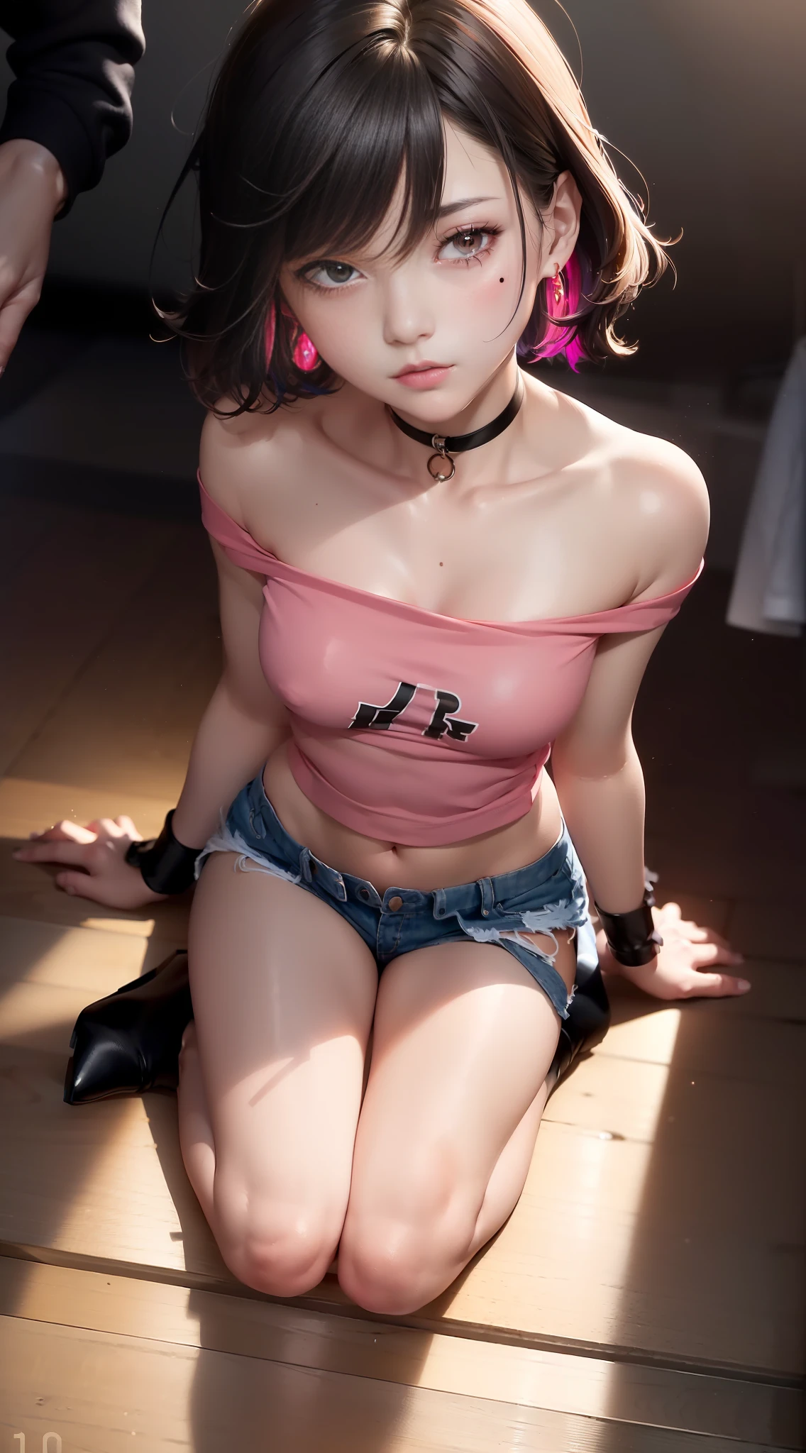 ((medium chest, tomboy, small head)), daylight, sunshine, (perfect figure: 1.1), (young), (wavy short hair: 1.2), choker, full body photo, crowded street, ((wearing a pink T-shirt )), (jeans), (extremely detailed CG 8k wallpaper), (extremely delicate and beautiful), (face close-up) (masterpiece), (best quality: 1.0), (ultra high resolution: 1.0) , beautiful lighting , perfect body, perfect lightning, random motion, cinematic light effects, [highres], detailed skin, indoor background, red high heels, big earrings, thighs, (((colorful))), (tight top), beauty mole
