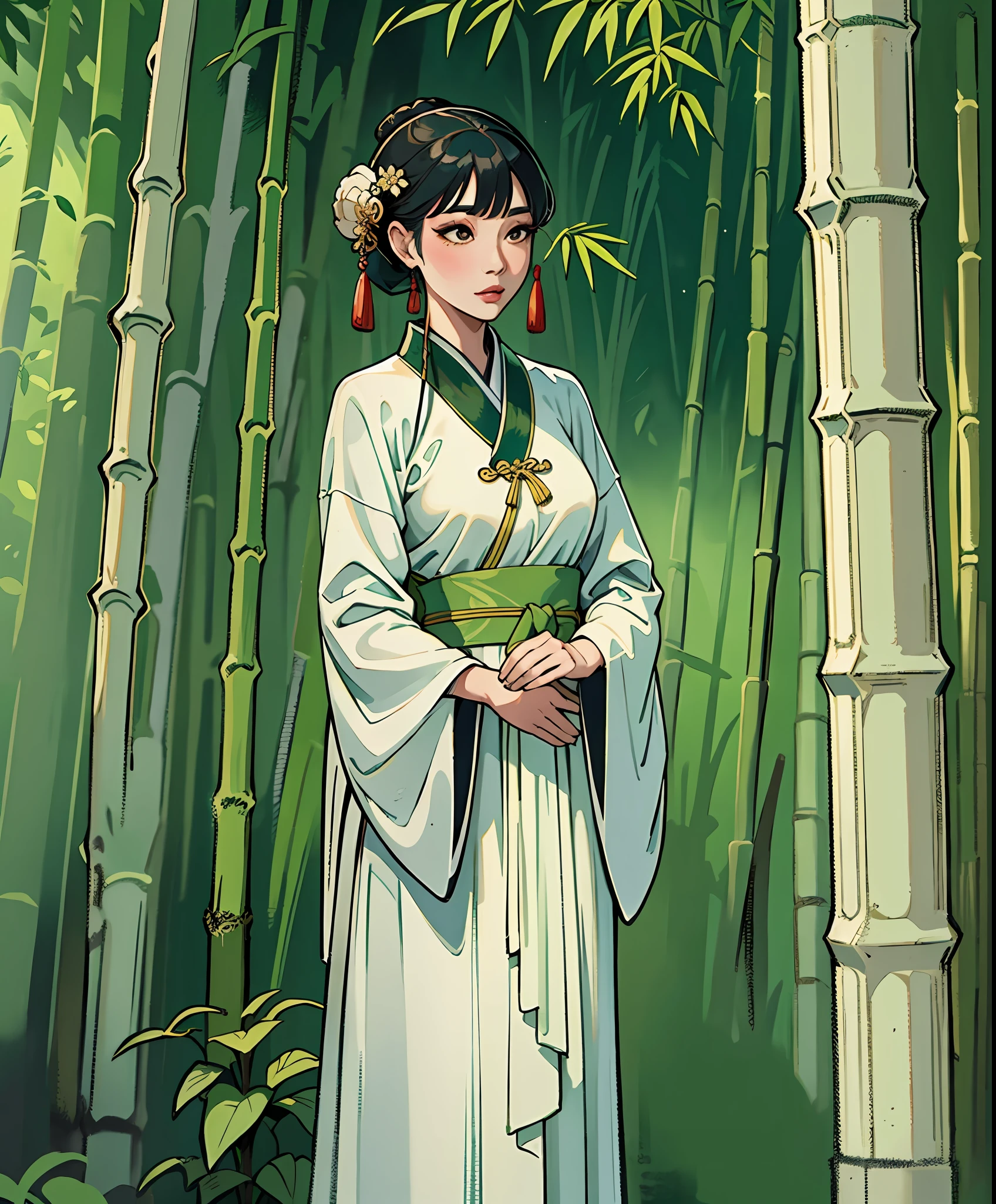 An ancient Chinese beauty standing in a bamboo forest, wearing ancient Chinese clothes, flowing tulle, light silk, bamboo leaves, lotus, ink painting style, clean color, decisive cut, blank space, freehand, masterpiece, super detailed, epic General composition, high quality, highest quality, 4k --v 6