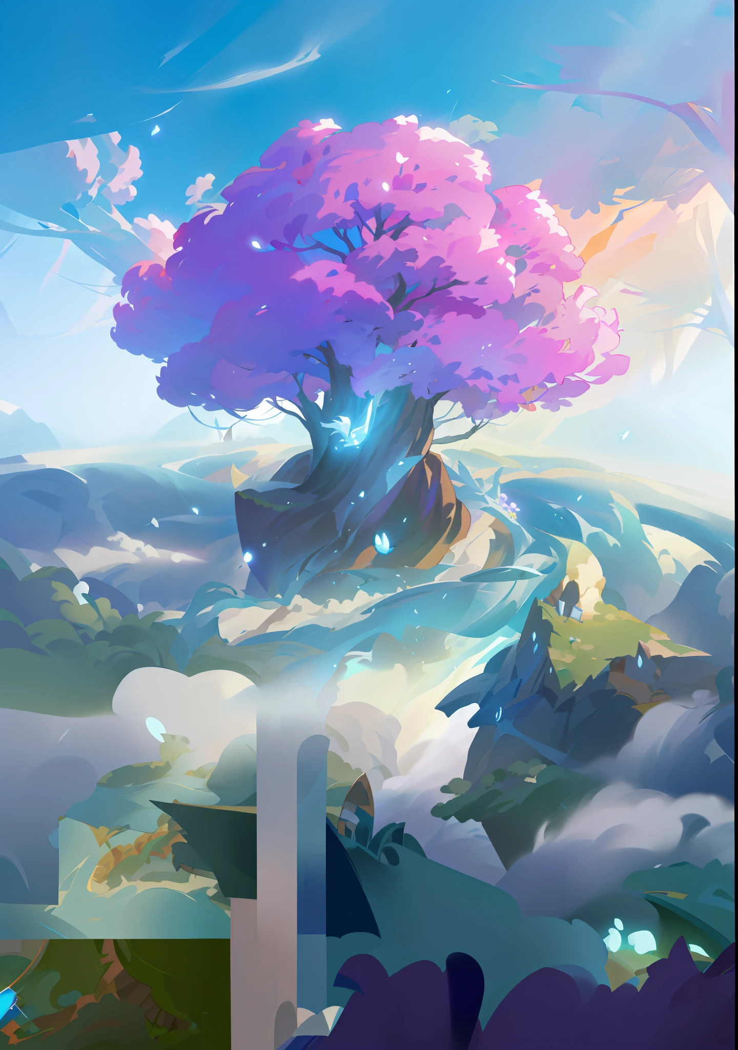 picture of a tree in the sky, splash screen art, duelist style, stylized concept art, official splash art, stylized painting, heartstone original art style, rossdraws global illumination, magic tree, concept art magic highlights, magical tree, 8k HD wallpaperjpeg artifact, world tree