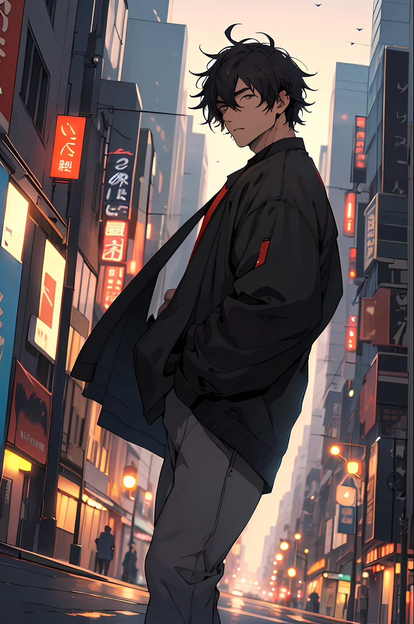 1man,masterpiece,best quality, ultra high res, dusk,cityscape,depth of field, short black messy hair, solo male