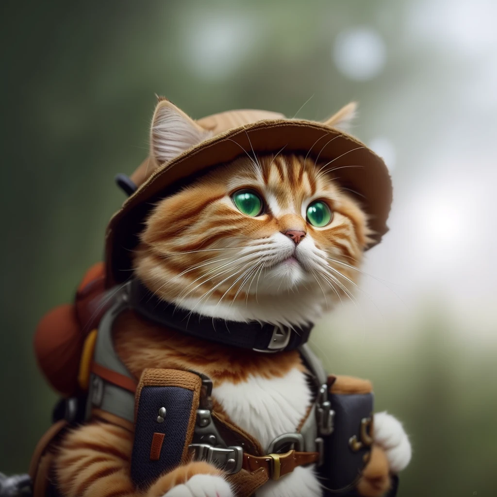 there is a cat wearing a hat and backpack on a tree, cat with a hat, awesome cat, portrait of an adventurer, adventurer, adventure hyper realistic render, animal wearing a hat, teemo, teemo from league of legends, cat in the forest, smol fluffy cat wearing smol hat, dressed as a scavenger, adorable digital painting, astronaut cat, steampunk cat