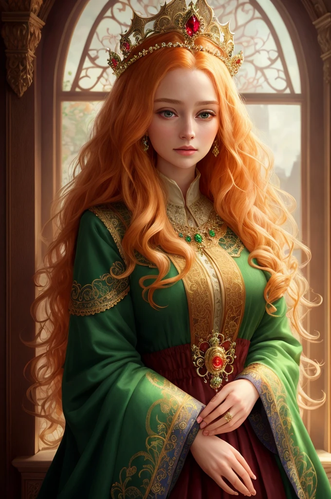 (FollyNobodySD15:0.8) medieval portrait fantasy (royalty:1.1) long [ginger|blonde] wavy hair princess glorious elaborate ornate royal emerald robes tiara gems standing in a detailed luxurious stone castle Game of Thrones Hogwarts bright morning light from window, (masterpiece:1.2) (best quality) (detailed) (intricate) (8k) (HDR) (wallpaper) (cinematic lighting) (sharp focus)