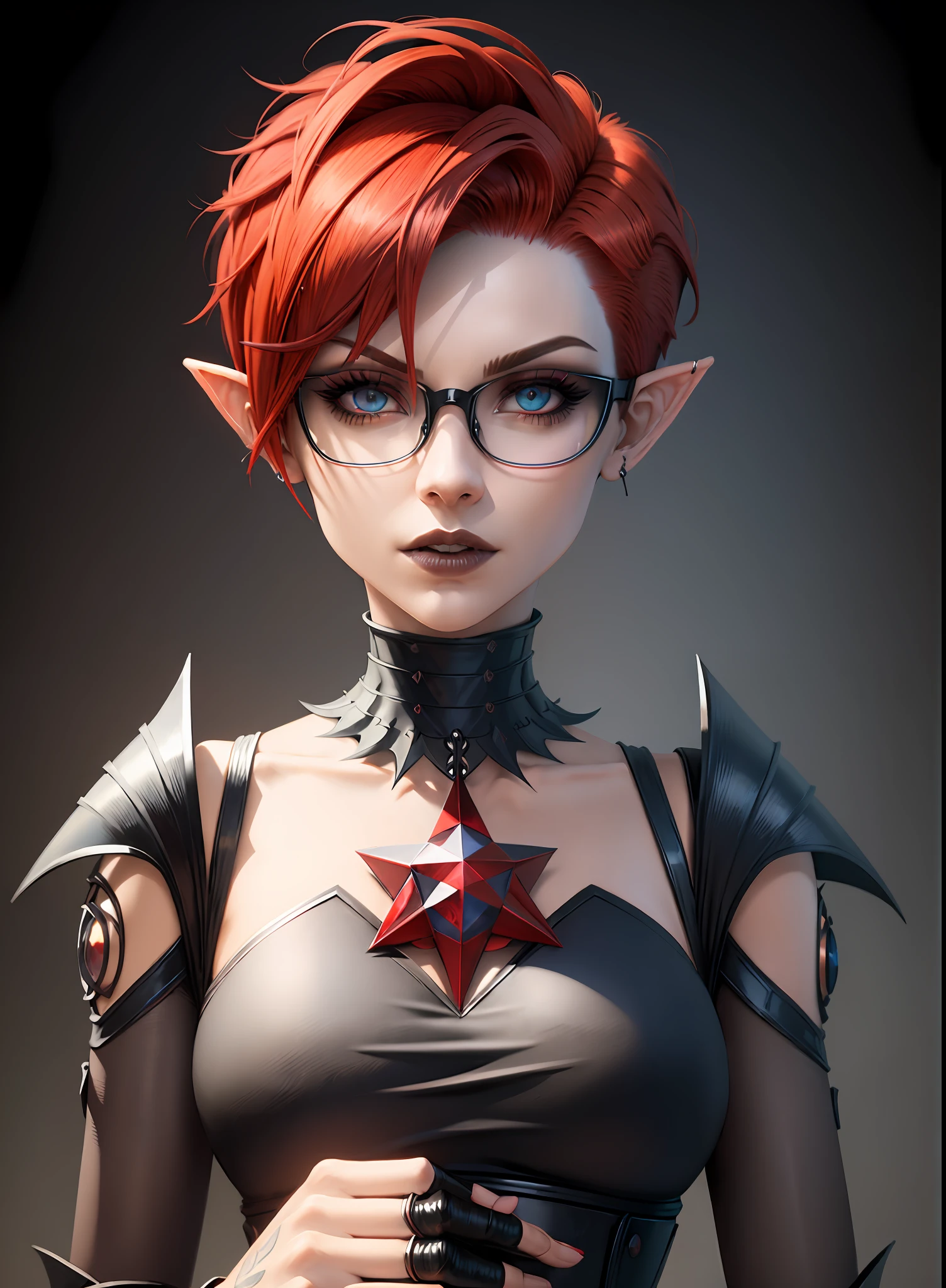 (((headshot))) (((Masterpiece))), best quality, ultra-detailed CG unity 8k wallpaper (1girl:1.3) androgynous female (short red pixie cut hair:1.3) (blue eyes) (black glasses) elf ears (tarot card) (red pentagram) (gothic) (goth)